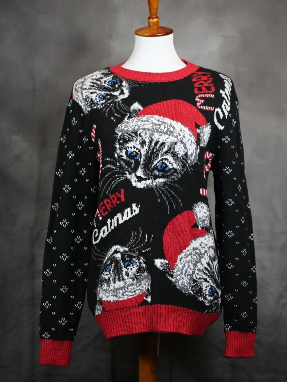 Ugly Christmas Sweater Catmas Christmas Sweater -Black with Red Trim